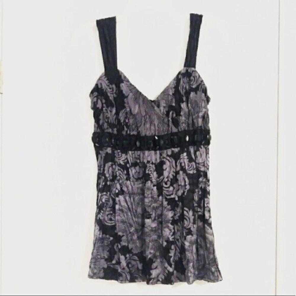 WHBM Grey Floral Rhinestone Embellished Silk Sleeveless Blouse Tank Top Size S